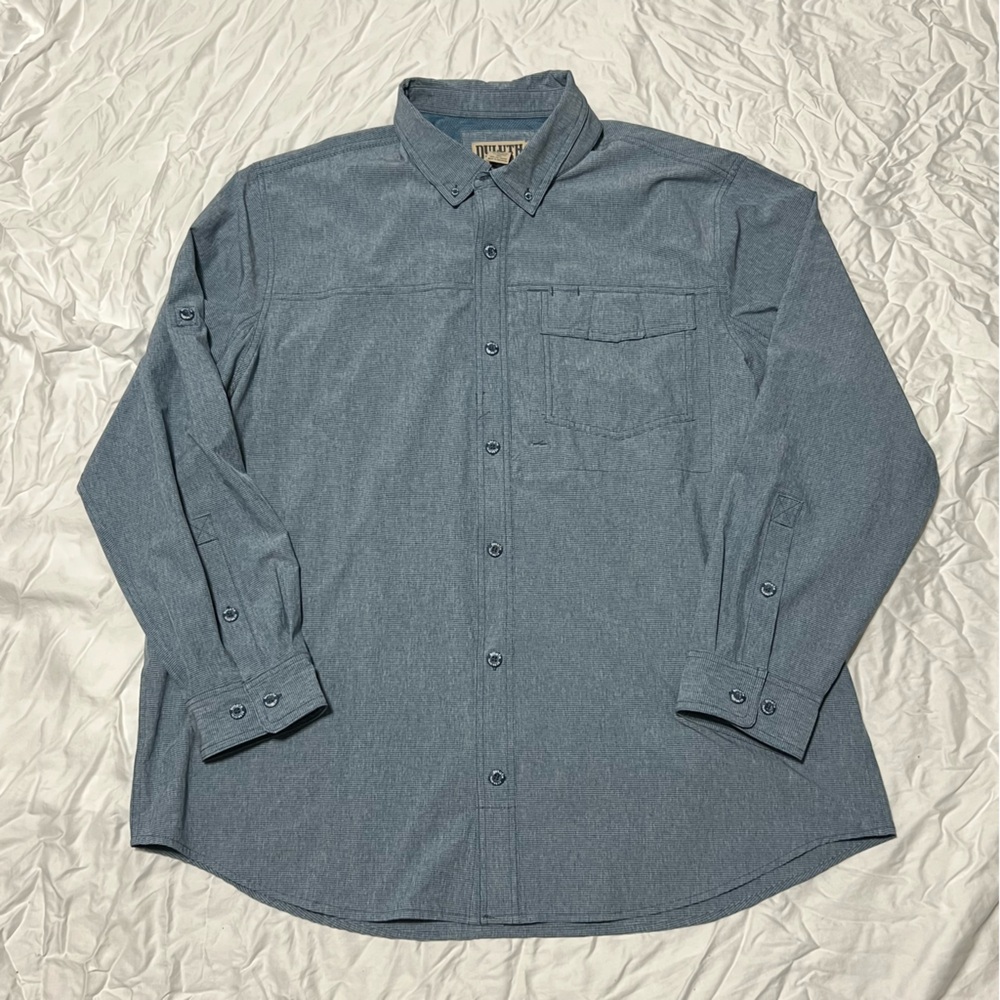 Duluth Trading 2XL Button Up Shirt Blue Sol Survivor Performance Vented Outdoors
